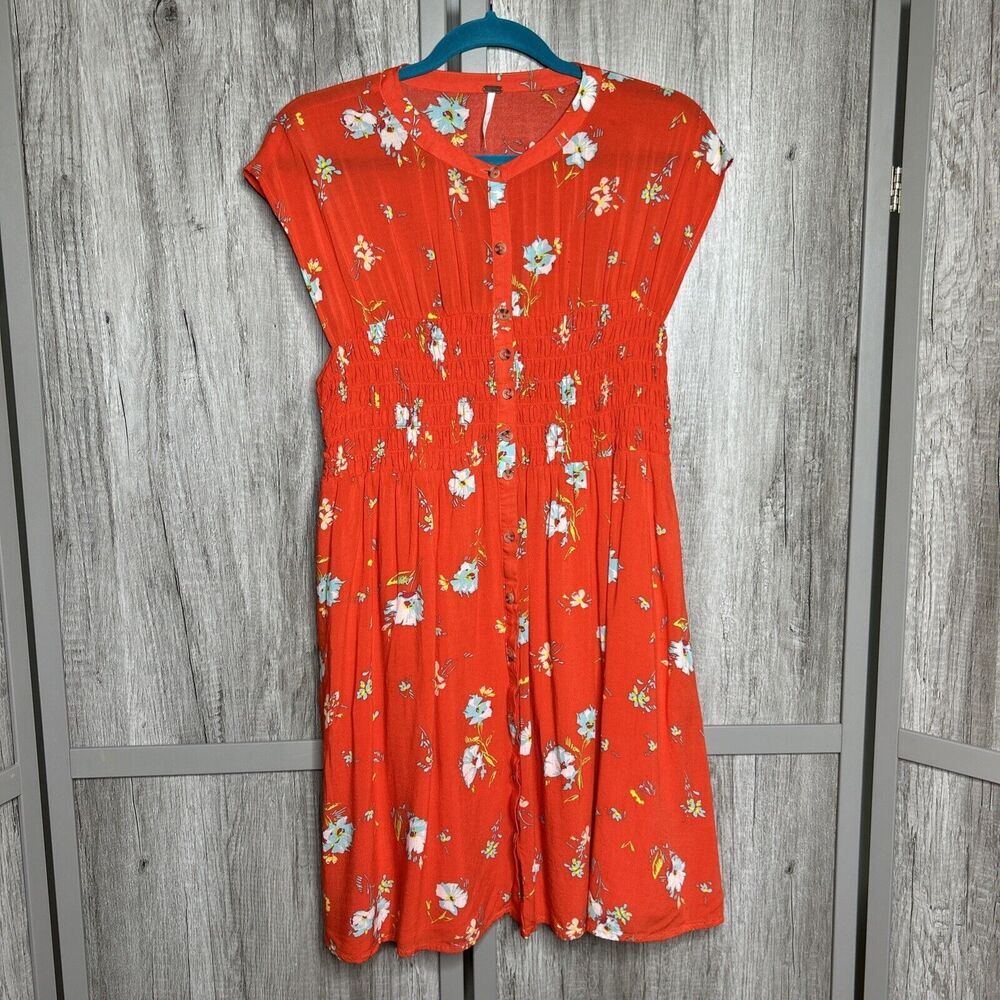 Free People Button Up Dress Red Color Floral Print Smocked Waist Sleeveless Sz L